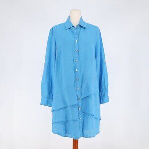 FINLEY Jenna Ruffle Linen Shirtdress in Blue Size M